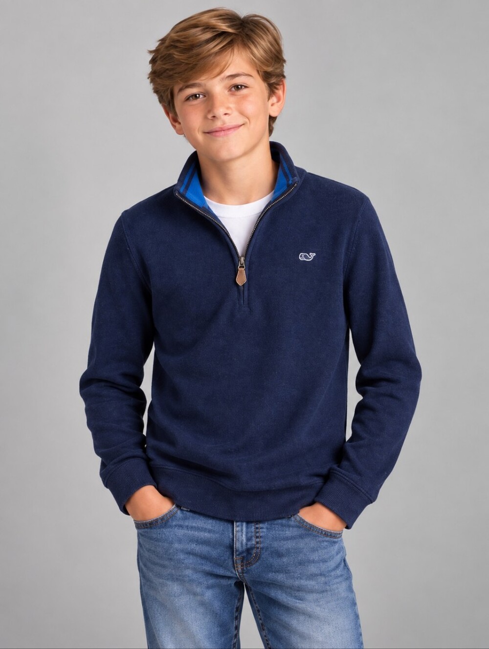 Vineyard Vines Boys Shep Shirt Navy Blue Quarter Zip Pullover Sweater Size L